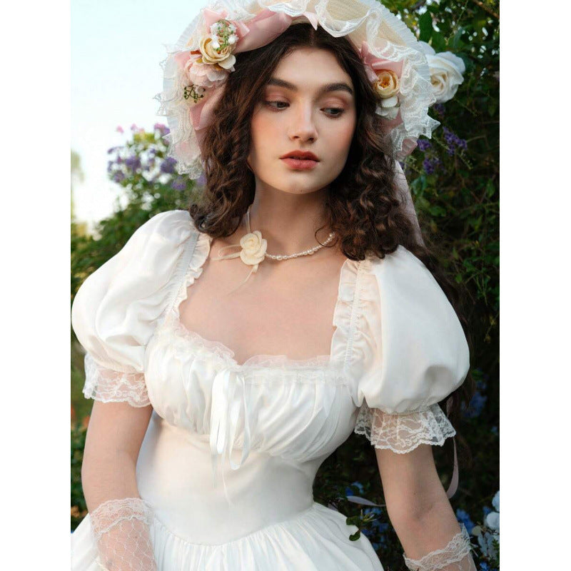 Women's Floral Puff-Sleeve Lace-Trim Ruffle-Hem Maxi Dress - KaleaBoutique.com