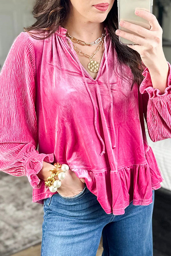 KaleaBoutique Stylish V Neck Velvet Ruffled Cuffs Hem Long Sleeve Top - KaleaBoutique.com