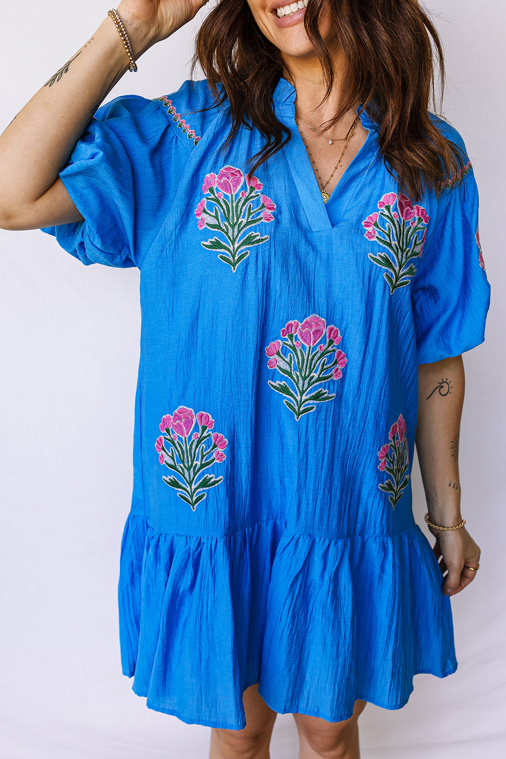 KaleaBoutique Stylish Flower Embroidered Split Neck Short Puff Sleeve Ruffle Hem Dress - KaleaBoutique.com