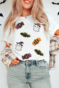 White Sequin Witch Ghost, Candy & Bat Halloween Graphic Tee - KaleaBoutique.com