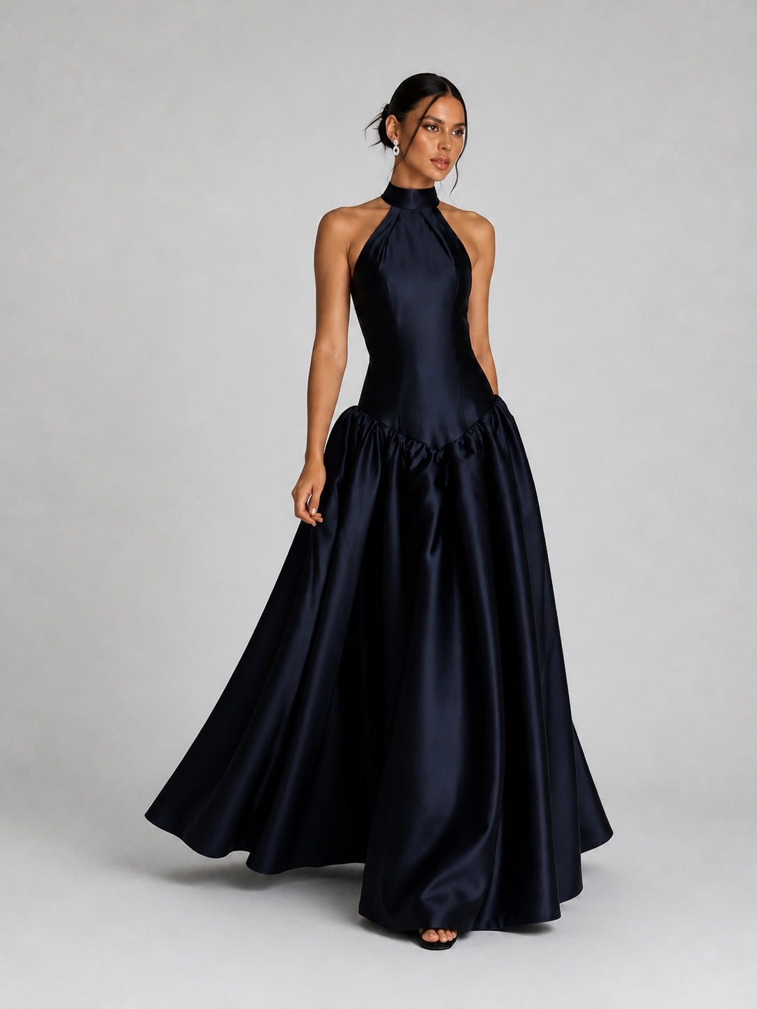 Midnight Navy Satin Halter Neck Ball-Gown Evening Dress - KaleaBoutique.com