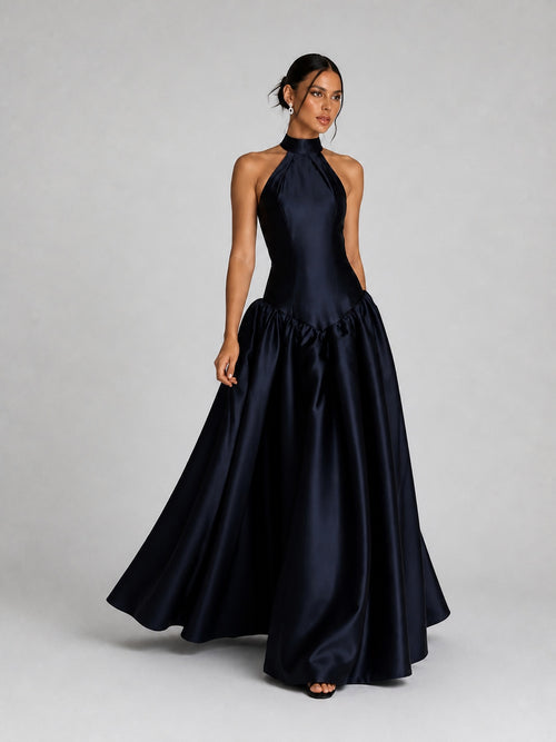 Midnight Navy Satin Halter Neck Ball-Gown Evening Dress - KaleaBoutique.com