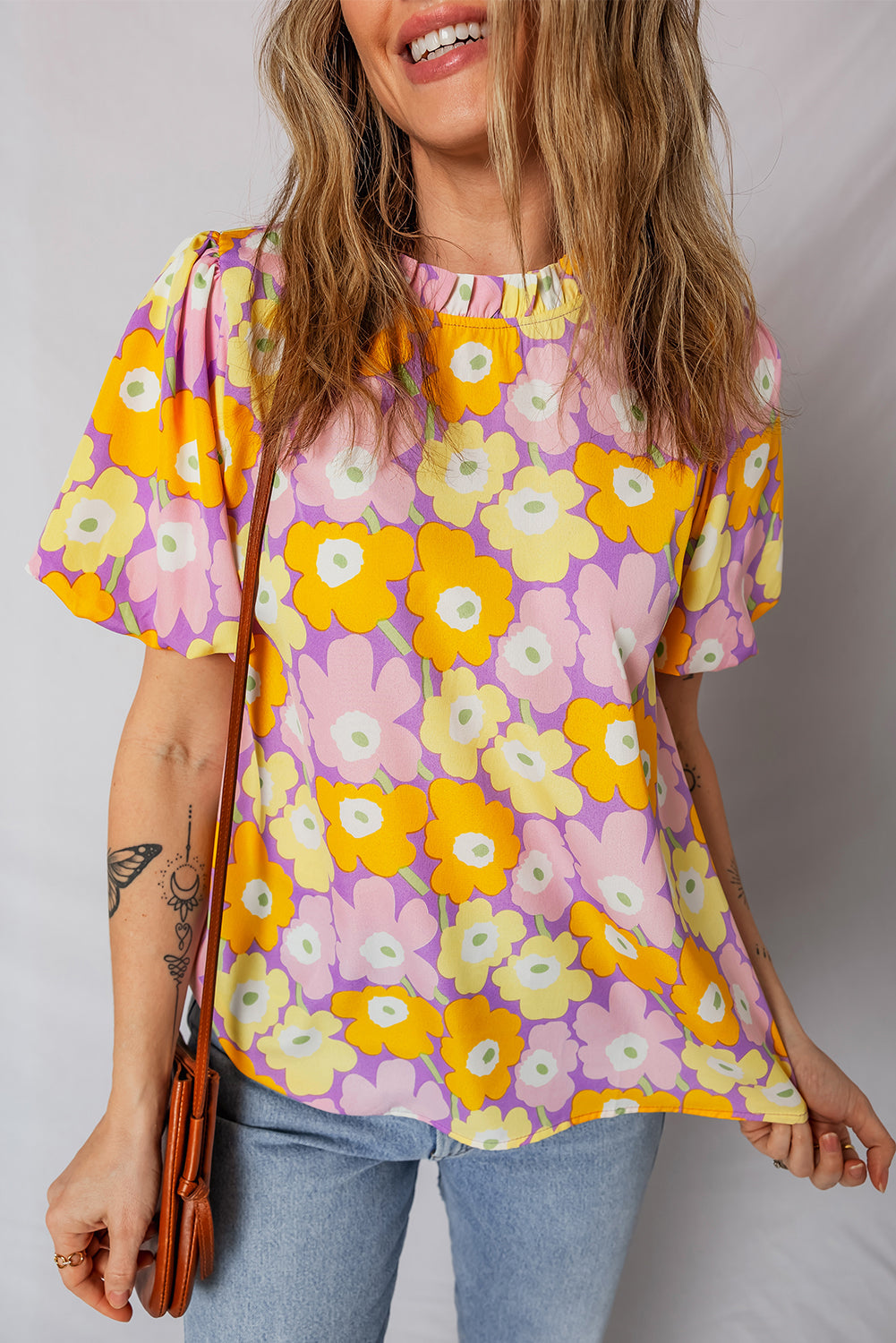 KaleaBoutique Stylish Frilled Neck Puff Short Sleeve Flower Top - KaleaBoutique.com