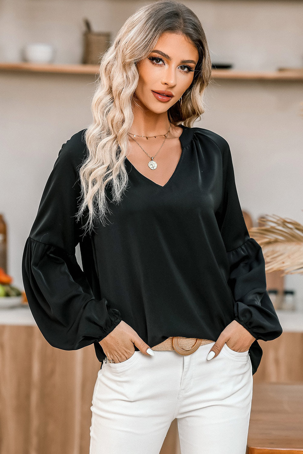 KaleaBoutique Stylish V Neck Long Puff Sleeve Top - KaleaBoutique.com