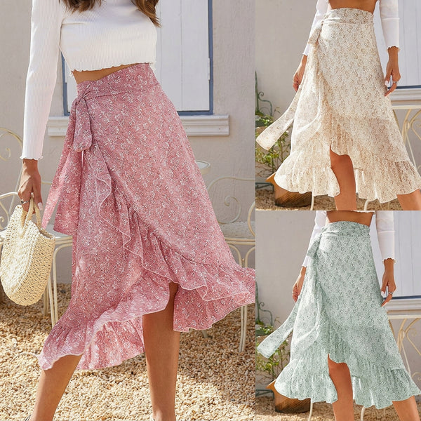 Woman Skirts High Waist Fashion Long Black Knotted Tied Wrap Floral Ruffle Chiffon A-Line Split Skirt Spring Summer Clothes - KaleaBoutique.com