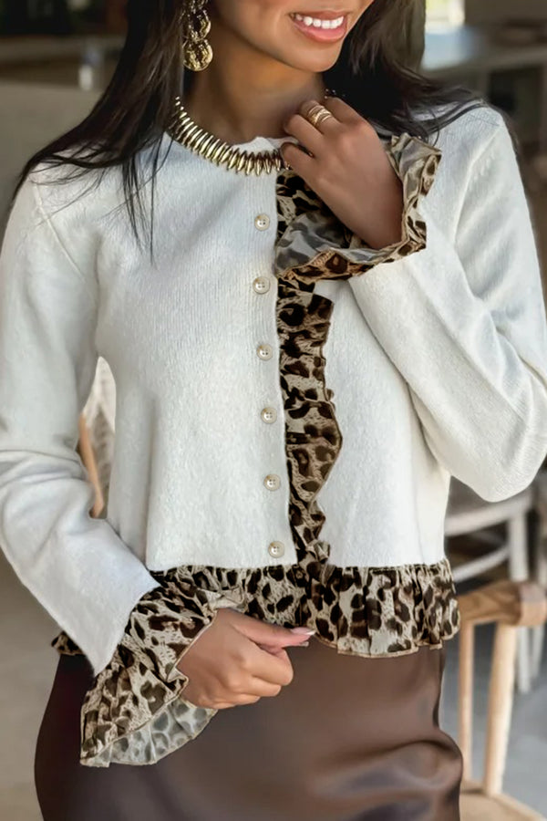 KaleaBoutique Stylish Knitted Leopard Ruffle Patchwork Button Down Cropped Cardigan - KaleaBoutique.com