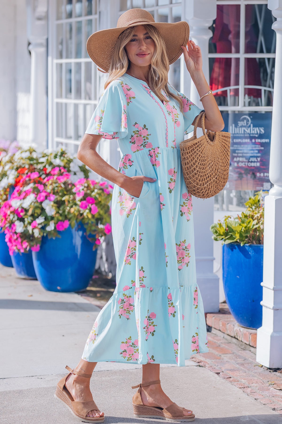 KaleaBoutique Comfortable Notched Neck Flutter Short Sleeve Floral Print Maxi Dress - KaleaBoutique.com