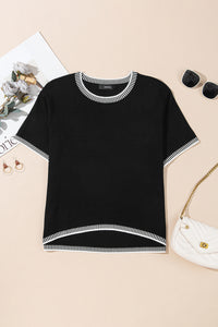 KaleaBoutique Comfortable Contrast Striped Trim Round Neck Half Sleeve Sweater - KaleaBoutique.com