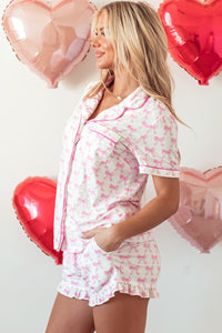 KaleaBoutique Comfortable Bowknot Printed Short Sleeve and Ruffled Shorts Pajama Set - KaleaBoutique.com