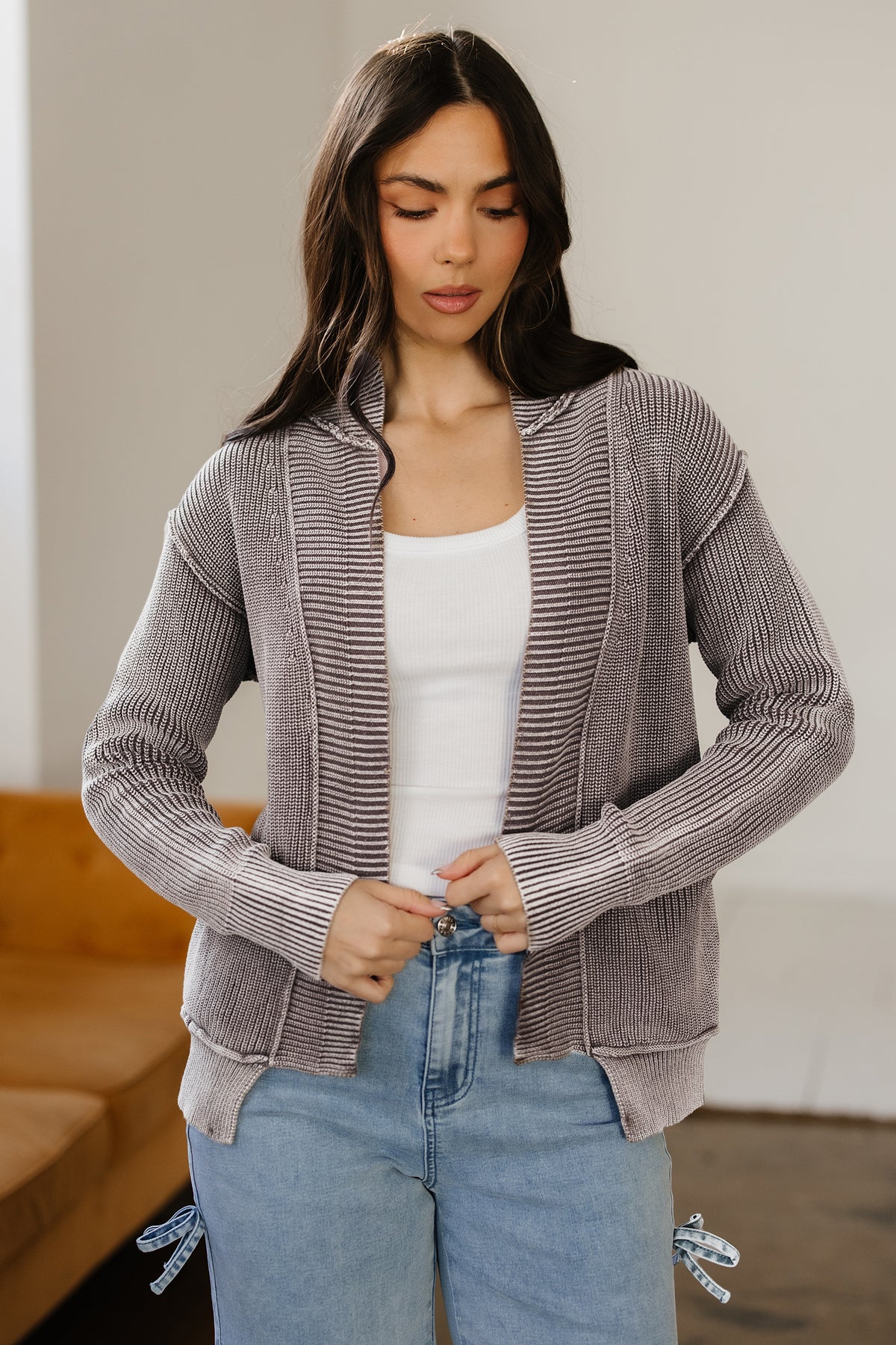 KaleaBoutique Stylish Mineral Wash Exposed Seam Patchwork Knit Open Sweater Cardigan - KaleaBoutique.com