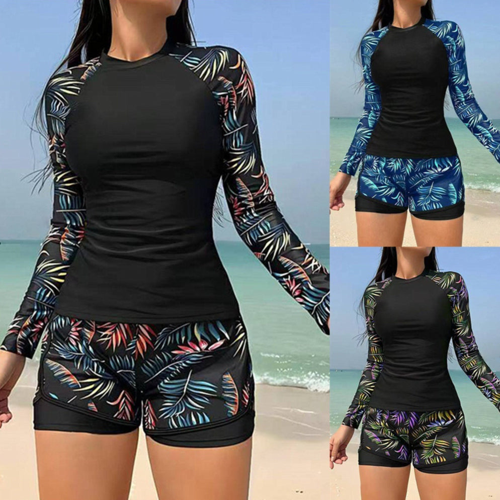 Women's Leaf-Print Long-Sleeve Tankini Set with Swim Shorts - KaleaBoutique.com