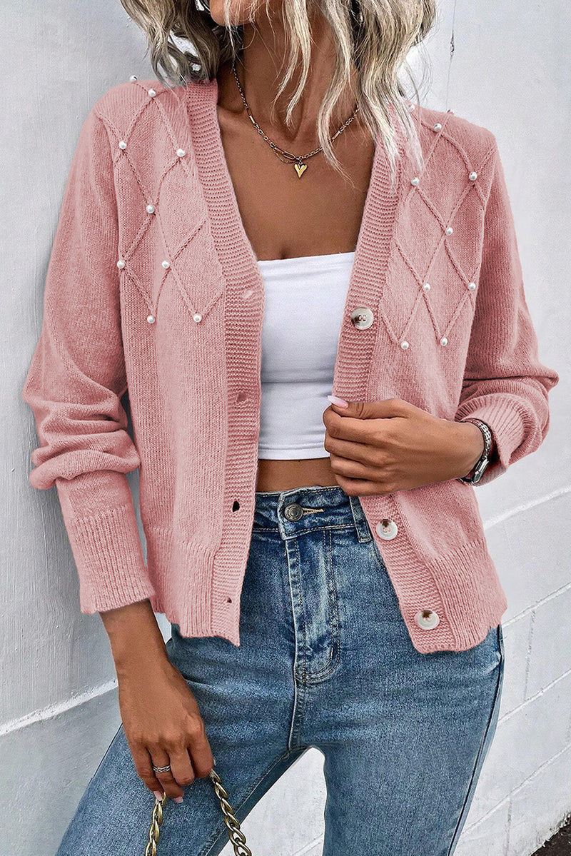 KaleaBoutique Stylish Textured Knit Pearl Beaded Button Up Cardigan - KaleaBoutique.com