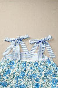 KaleaBoutique Stylish Floral Print Striped Patchwork Bow Knot Straps Mini Dress - KaleaBoutique.com