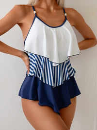 Women's Navy and White Tiered Ruffle 2 PC Tankini Set - KaleaBoutique.com