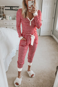 KaleaBoutique Stylish Buttoned V Neck Top and Knotted Waist Pants Lounge Set - KaleaBoutique.com