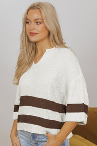 KaleaBoutique Stylish Brown Striped Accent Notched V Neck Cropped Sweater T Shirt - KaleaBoutique.com