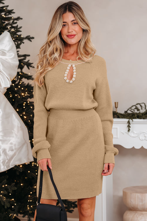 KaleaBoutique Stylish Pearl Embellished Keyhole Ribbed Sweater Dress - KaleaBoutique.com