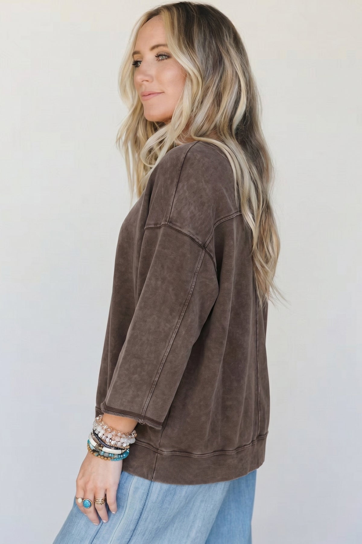 KaleaBoutique Stylish 3/4 Sleeve Mineral Wash Loose Cotton Top - KaleaBoutique.com