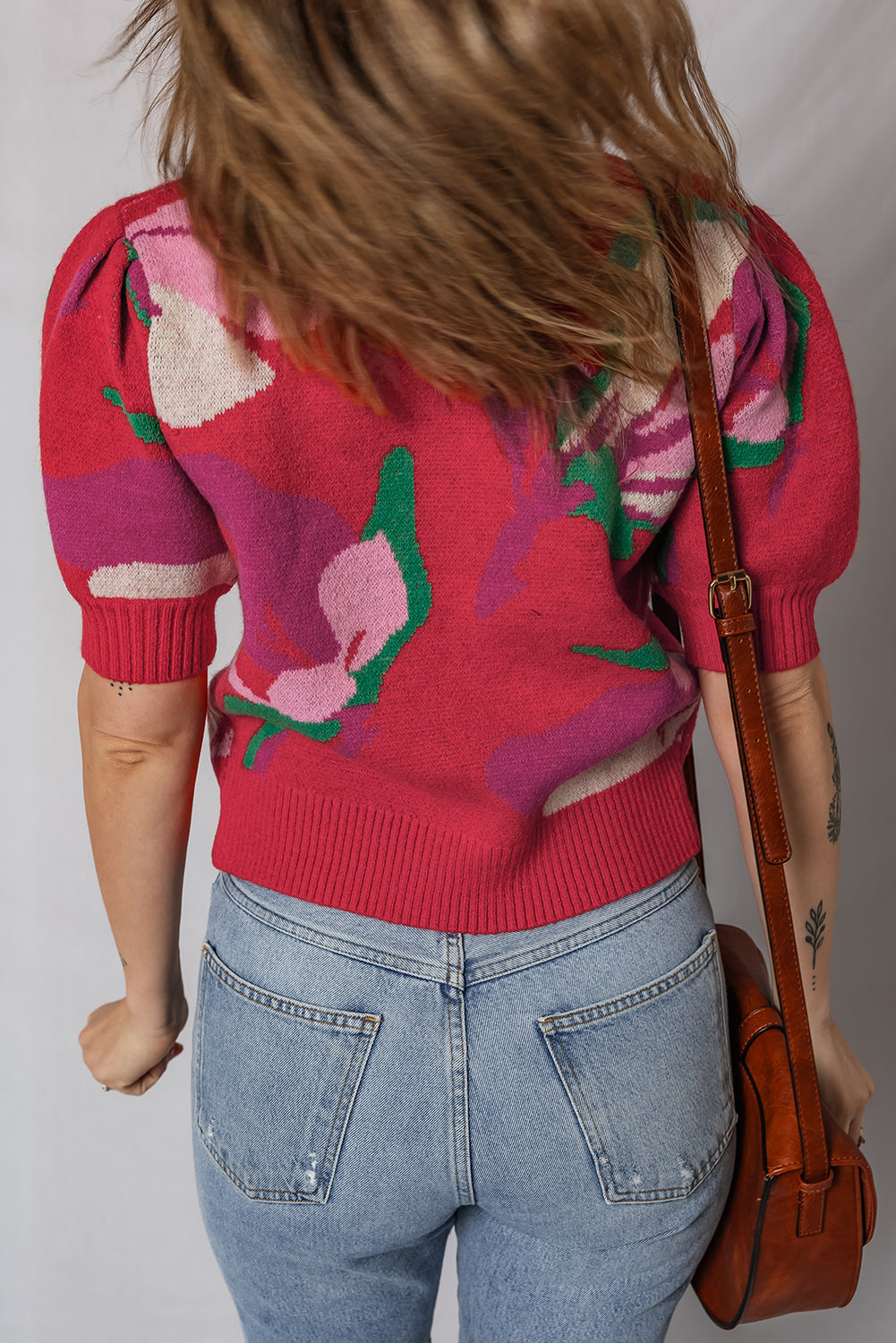 KaleaBoutique Comfortable Floral Abstract Print Short Puff Sleeve Sweater - KaleaBoutique.com