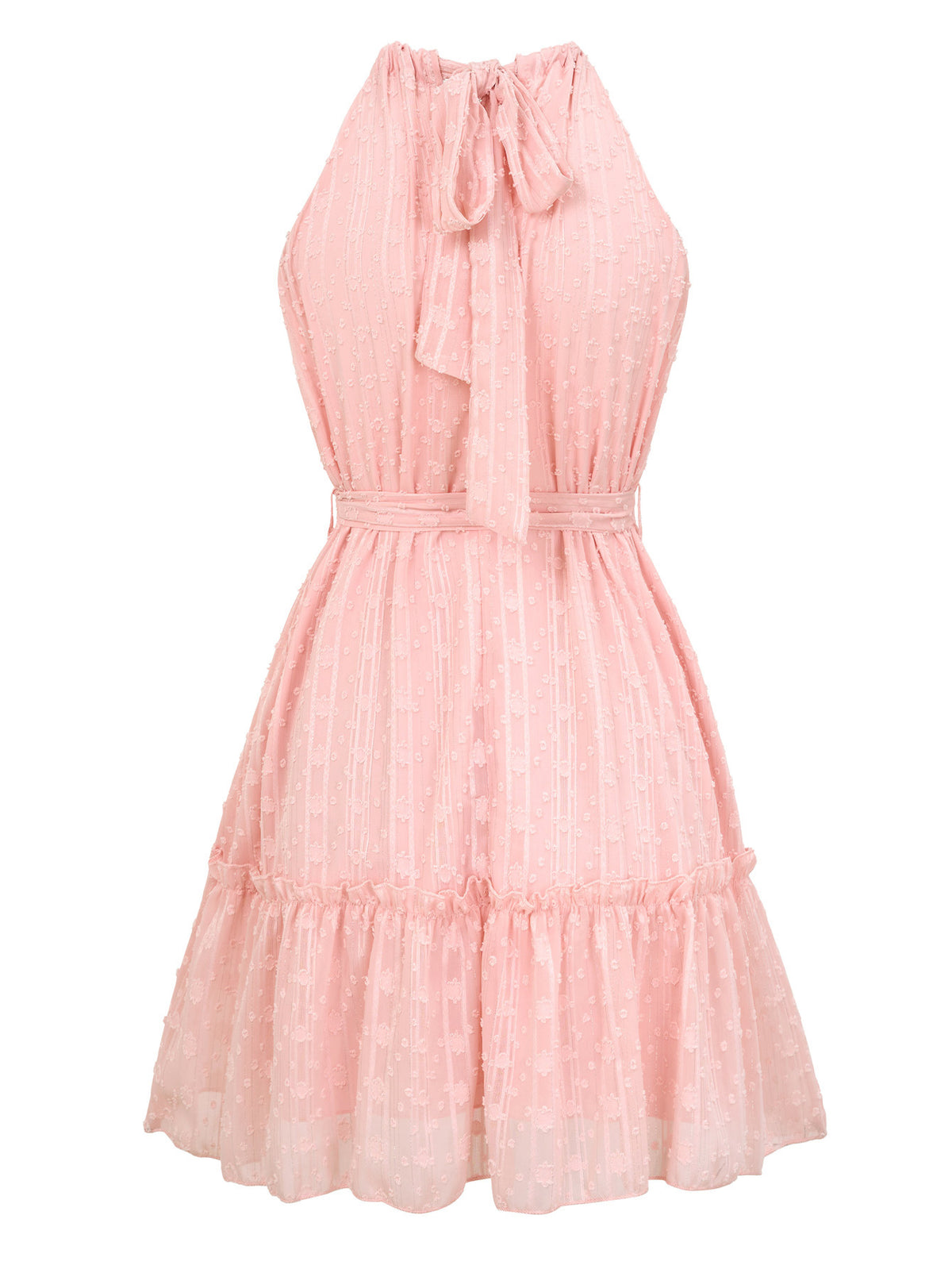 Women's Textured Halter-Neck Tie-Waist Ruffle-Hem Mini Dress - KaleaBoutique.com