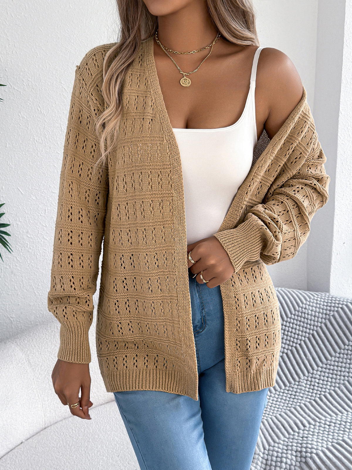 Women's Openwork Open-Front Longline Balloon-Sleeve Cardigan - KaleaBoutique.com