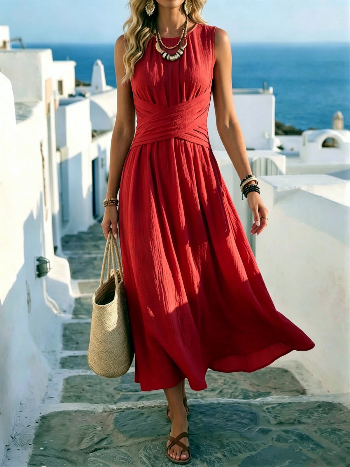 Women's Sleeveless Round-Neck Crossover-Waist Maxi Dress - KaleaBoutique.com