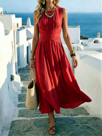 Women's Sleeveless Round-Neck Crossover-Waist Maxi Dress - KaleaBoutique.com