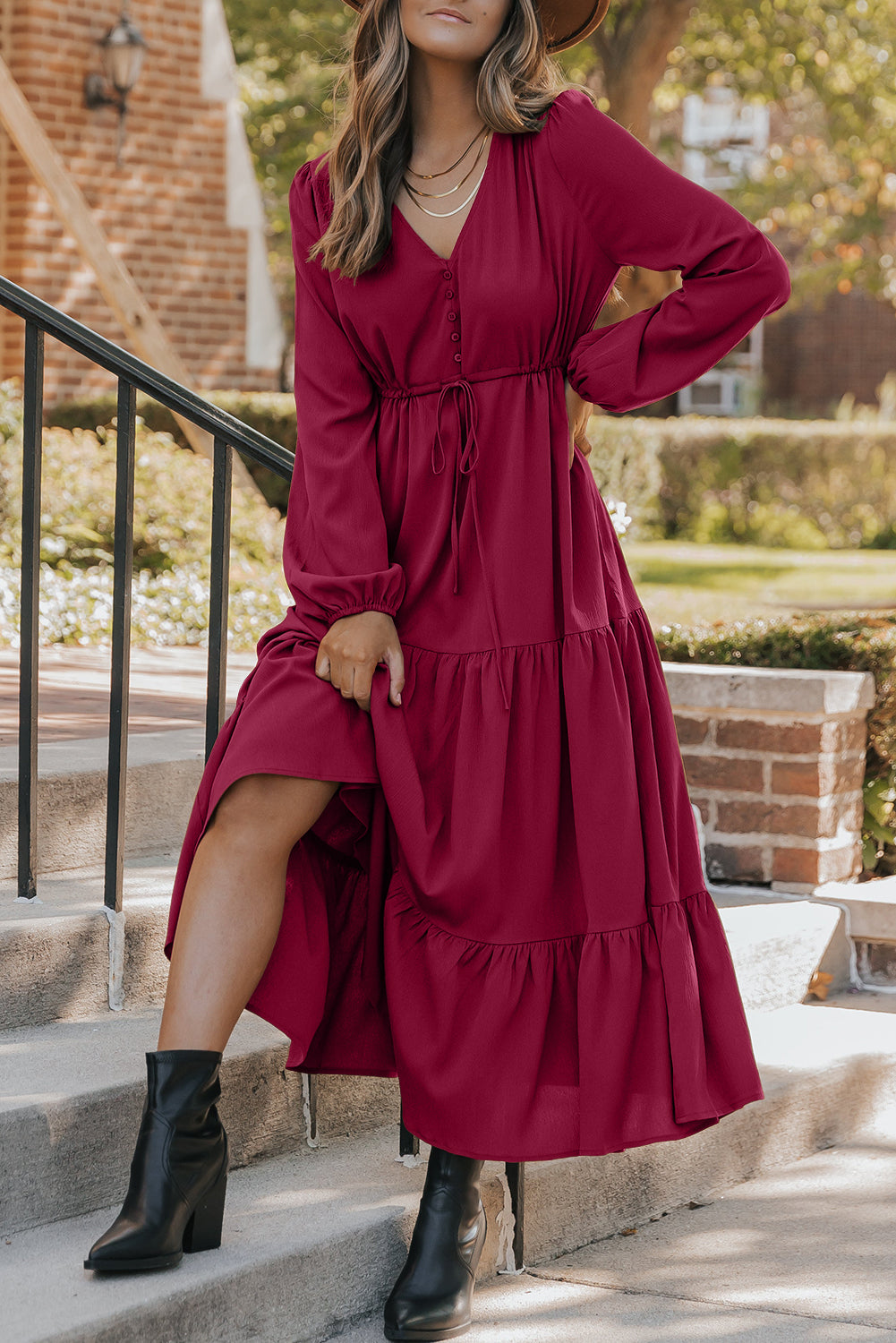 Solid Long Sleeve Button V Neck Tiered Maxi Dress - KaleaBoutique.com
