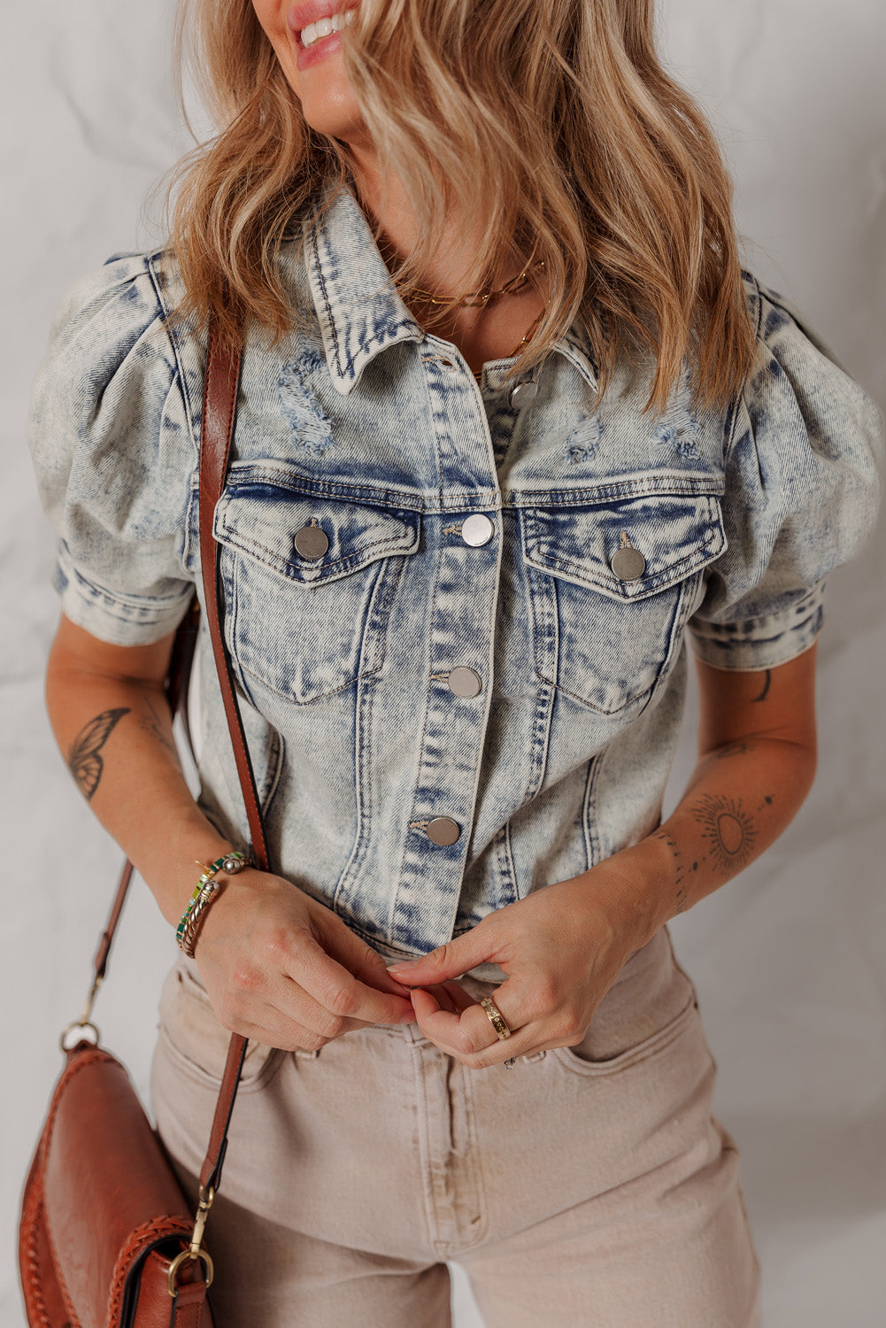 Light Wash Buttoned Chest Pocket Puff Sleeve Denim Jacket - KaleaBoutique.com