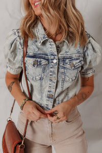 Light Wash Buttoned Chest Pocket Puff Sleeve Denim Jacket - KaleaBoutique.com