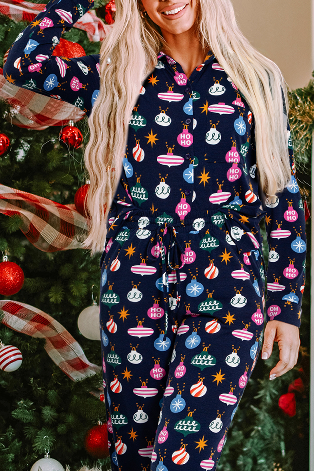 KaleaBoutique Stylish Colorful Christmas Lights Print Shirt and Pants Pajama Set - KaleaBoutique.com