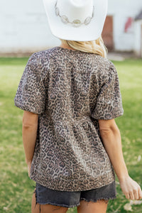 KB Brown Leopard Tie Neck Short Puff Sleeve Denim Babydoll Top - KaleaBoutique.com