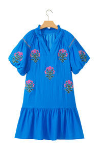 KaleaBoutique Stylish Flower Embroidered Split Neck Short Puff Sleeve Ruffle Hem Dress - KaleaBoutique.com