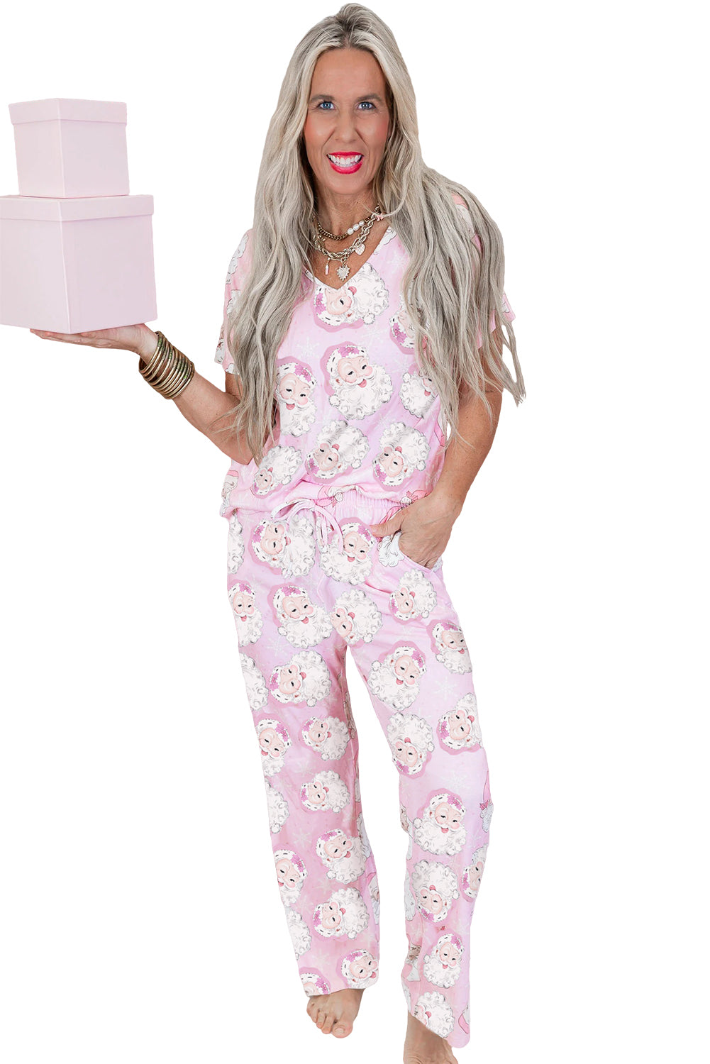 KaleaBoutique Comfortable Santa Claus Print V Neck Tee Drawstring Pants 2pcs Lounge Set - KaleaBoutique.com