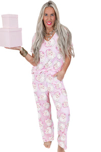 KaleaBoutique Comfortable Santa Claus Print V Neck Tee Drawstring Pants 2pcs Lounge Set - KaleaBoutique.com
