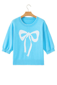 KaleaBoutique Comfortable Big Ribbon Bow Print Contrast Stitch Trim Drop Shoulder Sweater - KaleaBoutique.com