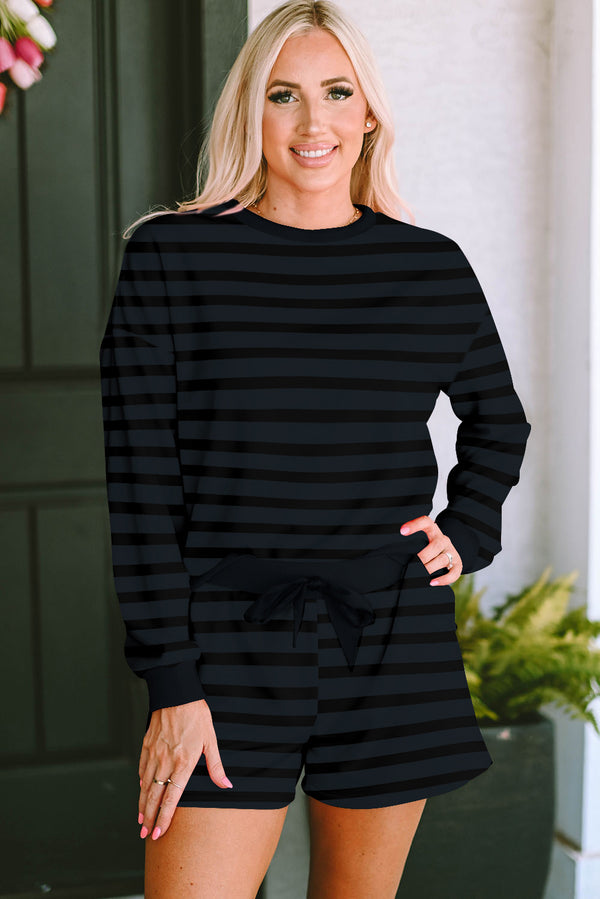 KaleaBoutique Stylish Printed Stripe Long Sleeve Satin Tie Shorts Two Piece Set - KaleaBoutique.com
