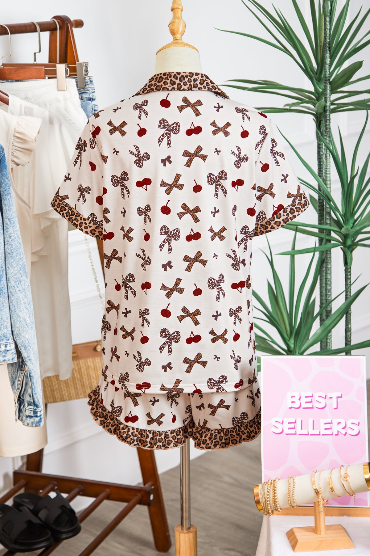 KaleaBoutique Stylish Chic Bow Cherry Printed Leopard Contrast Patchwork Shirt Drawstring Shorts 2pcs PJ Set - KaleaBoutique.com