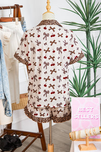 KaleaBoutique Stylish Chic Bow Cherry Printed Leopard Contrast Patchwork Shirt Drawstring Shorts 2pcs PJ Set - KaleaBoutique.com