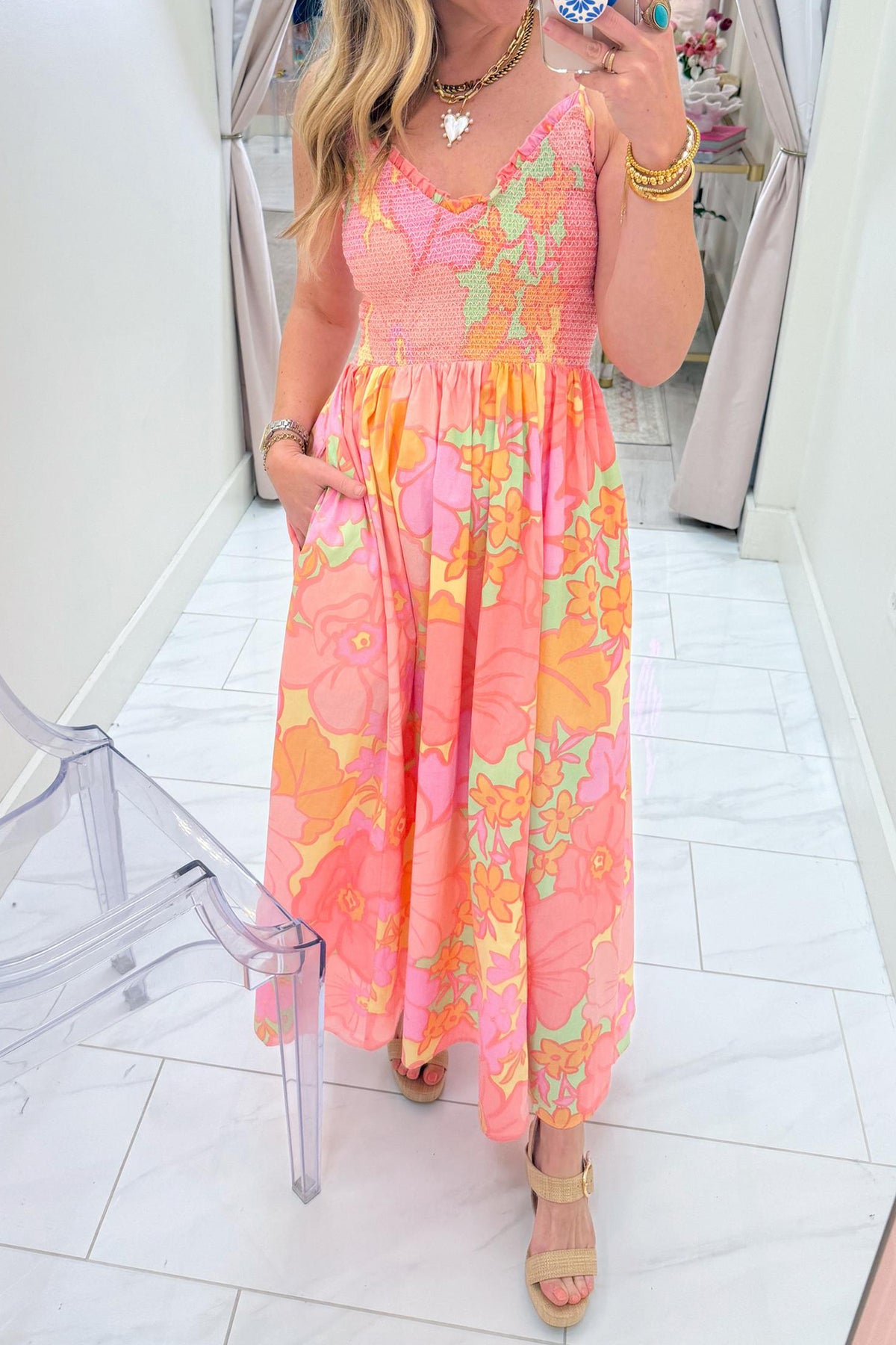 KaleaBoutique Comfortable Spaghetti Straps Floral Shirred High Waist Dress - KaleaBoutique.com
