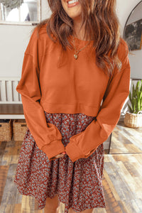 Orange Floral Patchwork 2-in-1 Balloon Sleeve Flared Mini Dress - KaleaBoutique.com