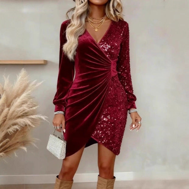 Elegant Sequins Design Long Sleeve Party Dress Women Sexy V Neck Bodycon Dresses For Women Evening Dress Christmas Clothes - KaleaBoutique.com