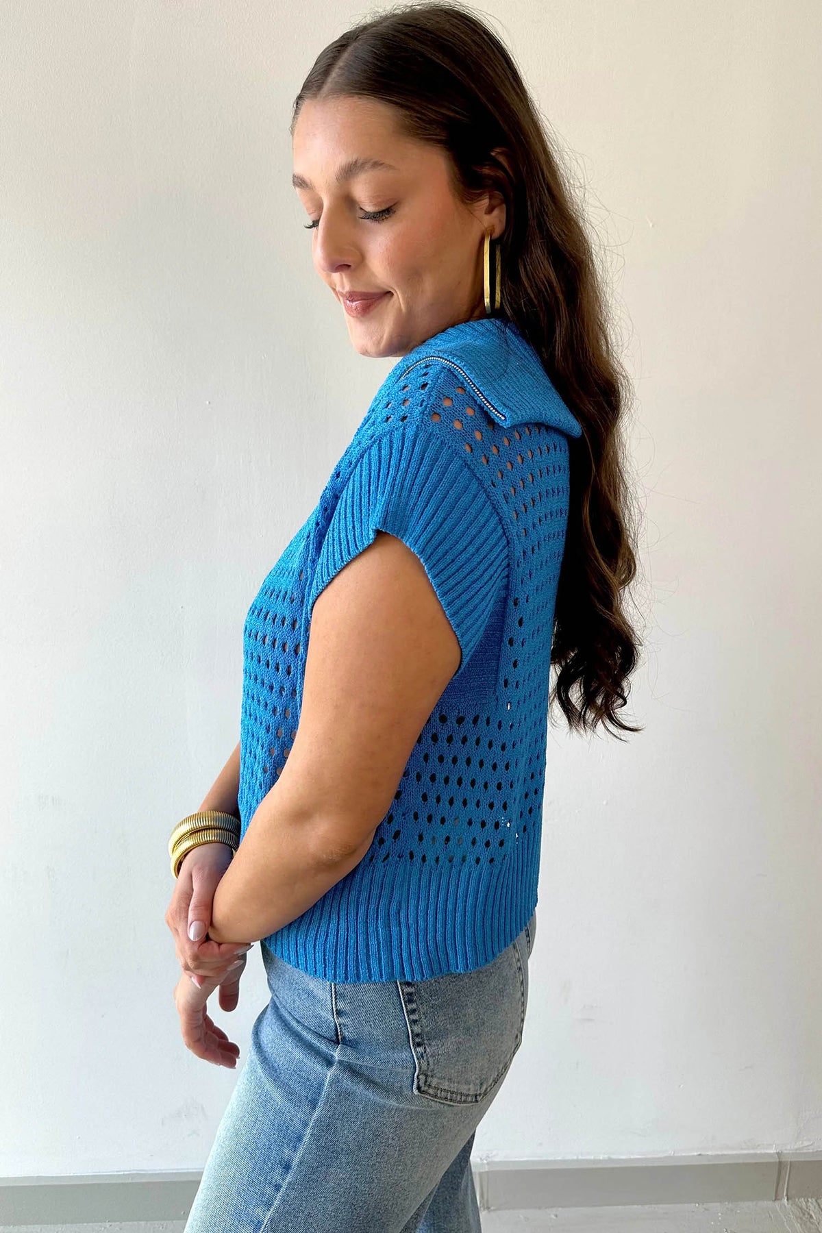 KaleaBoutique Stylish Solid Color Hollowed Knit Short Sleeve Zipper Collar Knitwear Top - KaleaBoutique.com