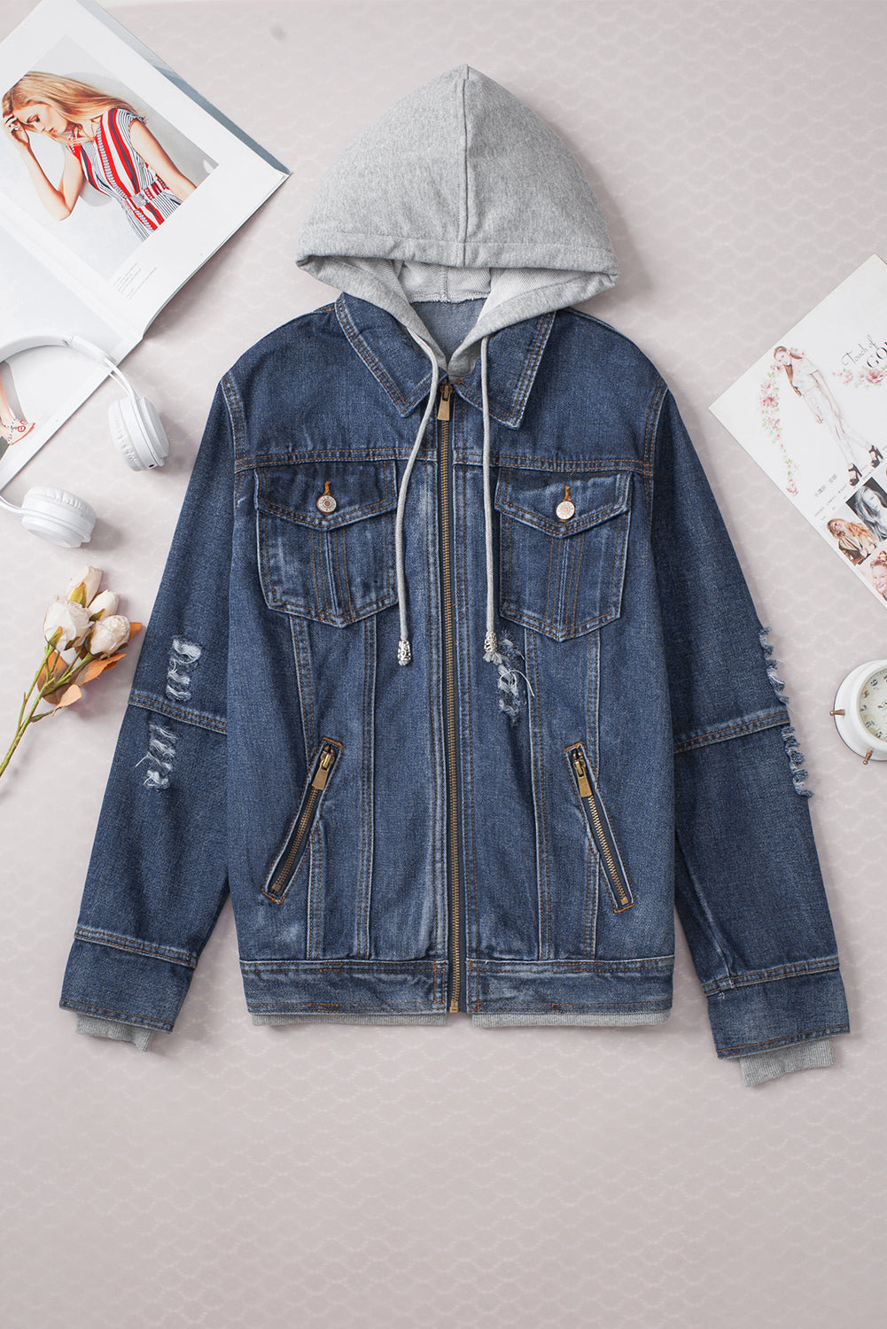 KaleaBoutique Classic Fake Two-Piece Hooded Zip-Up Denim Jacket - KaleaBoutique.com