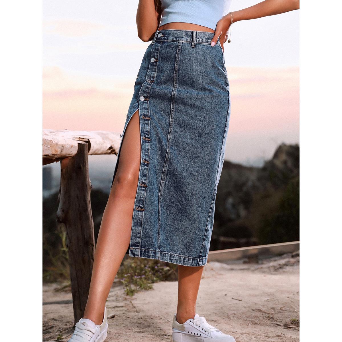 Foreign Trade Amazon Cross-border Women's Clothing European And American Casual Button Irregular Slit Denim High Waist Denim Skirt - KaleaBoutique.com