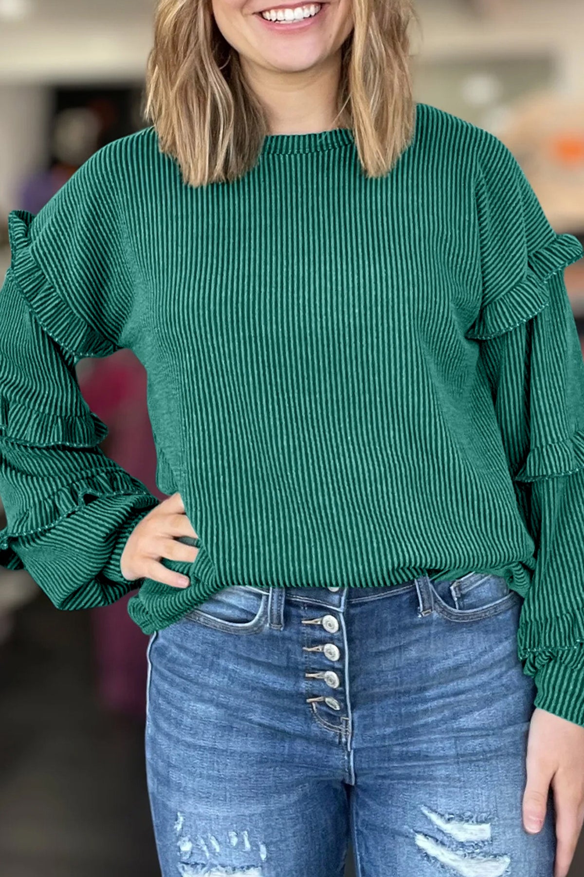 Twisted Ribbed Tiered Ruffles Long Sleeve Pullover Top - KaleaBoutique.com