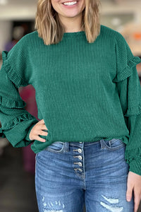 Twisted Ribbed Tiered Ruffles Long Sleeve Pullover Top - KaleaBoutique.com