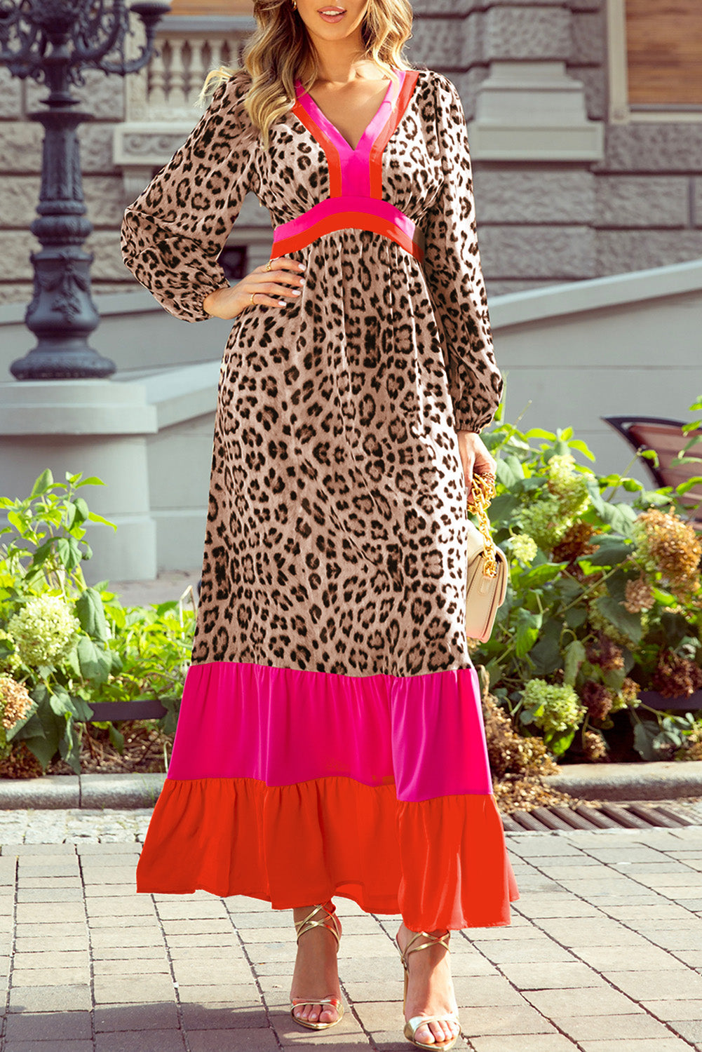 Leopard Color Block V Neck Loose Fit Maxi Dress - KaleaBoutique.com