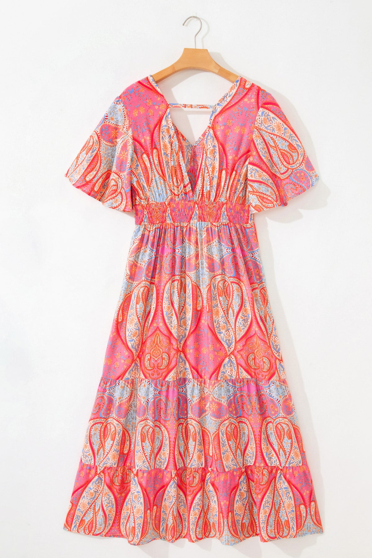 KaleaBoutique Comfortable Paisley Print V-Neck Short Sleeve Boho Maxi Dress with Ruffle Details - KaleaBoutique.com