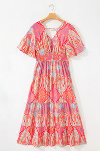KaleaBoutique Comfortable Paisley Print V-Neck Short Sleeve Boho Maxi Dress with Ruffle Details - KaleaBoutique.com